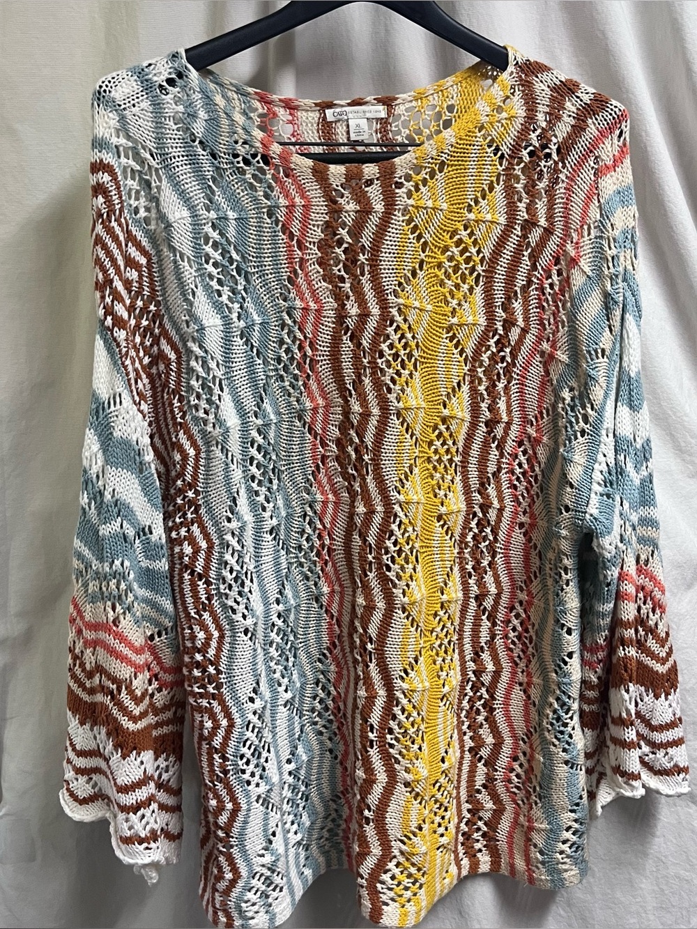 Cato Women's Open Knit Sweater Size XL Colorful Striped Bell Sleeve Retro Boho